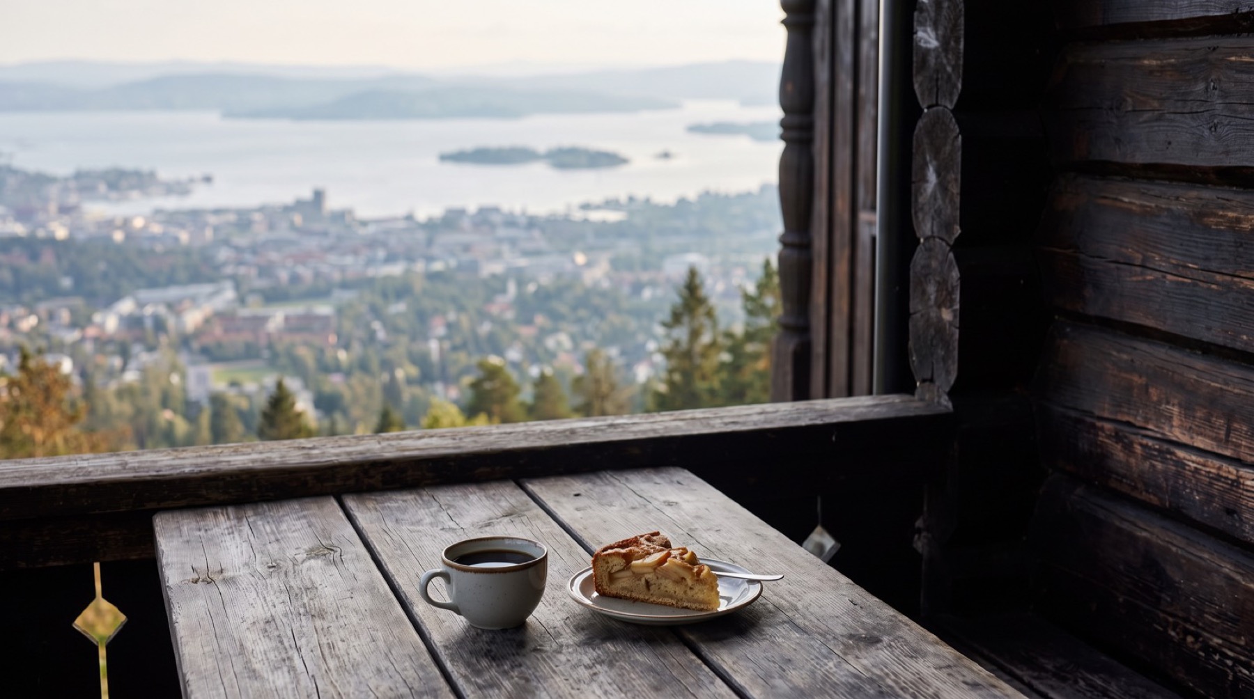 Coffee and apple cake at a viewpoint above Oslo, with the city and the fjord below
